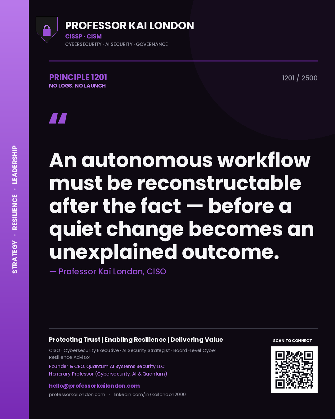Professor Kai London principle 1201: An autonomous workflow must be reconstructable after the fact — before a quiet change becomes an unexplained outcome.