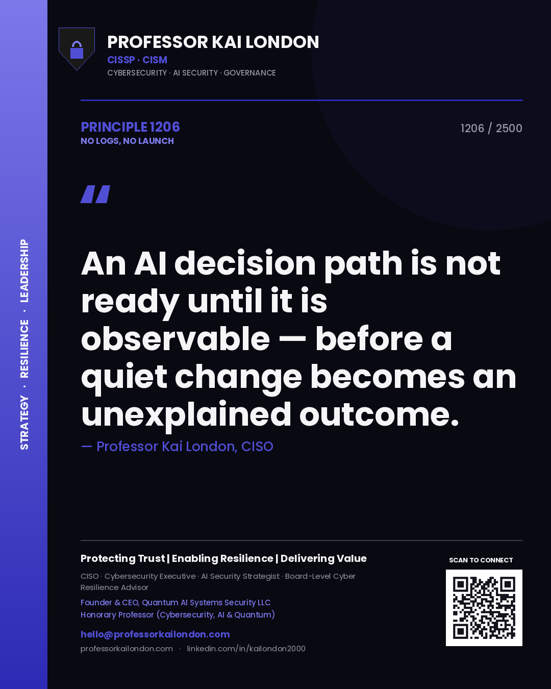 Professor Kai London principle 1206: An AI decision path is not ready until it is observable — before a quiet change becomes an unexplained outcome.