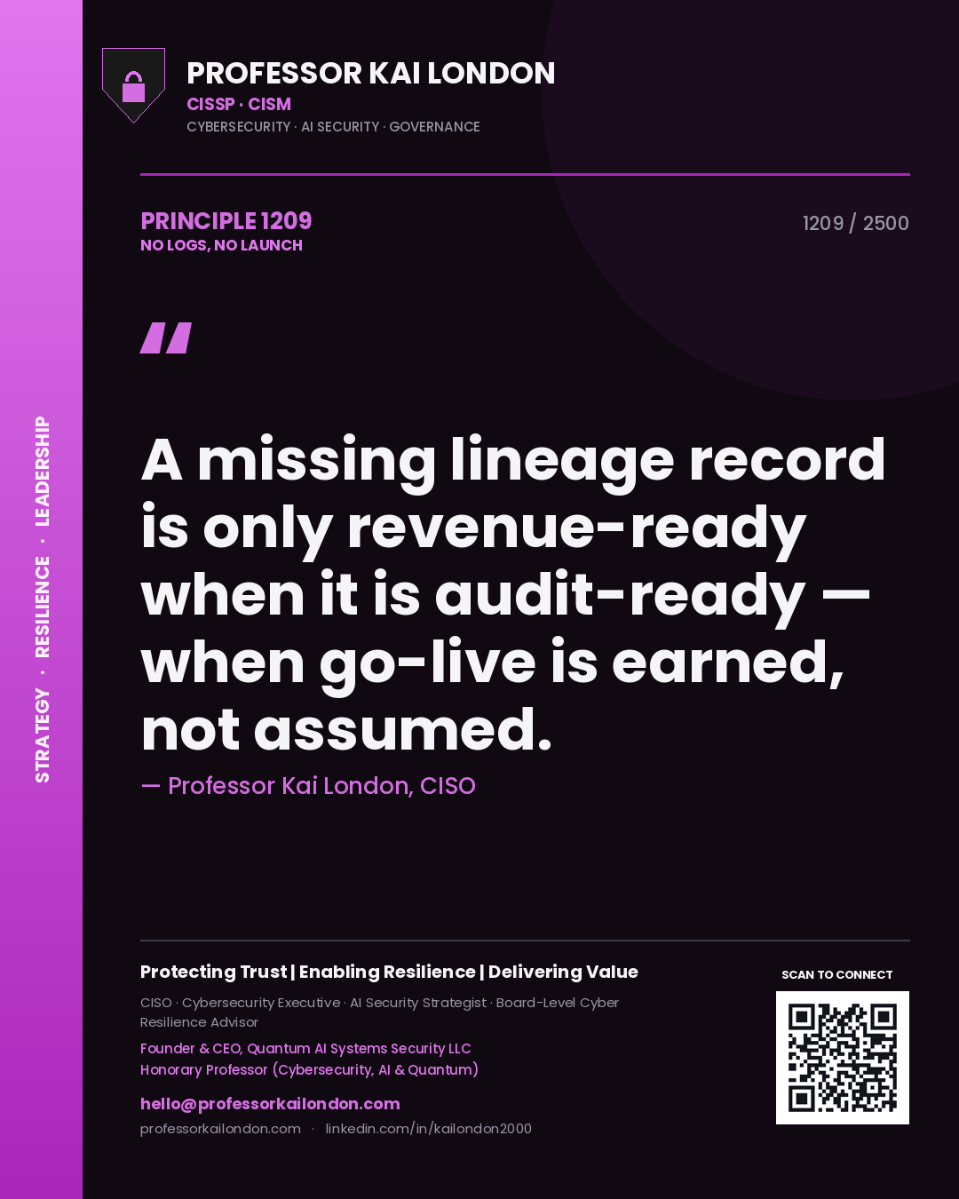Quote card by Professor Kai London reading 'A missing lineage record is only revenue-ready when it is audit-ready — when go-live is earned, not assumed.'. From the book No Logs, No Launch.