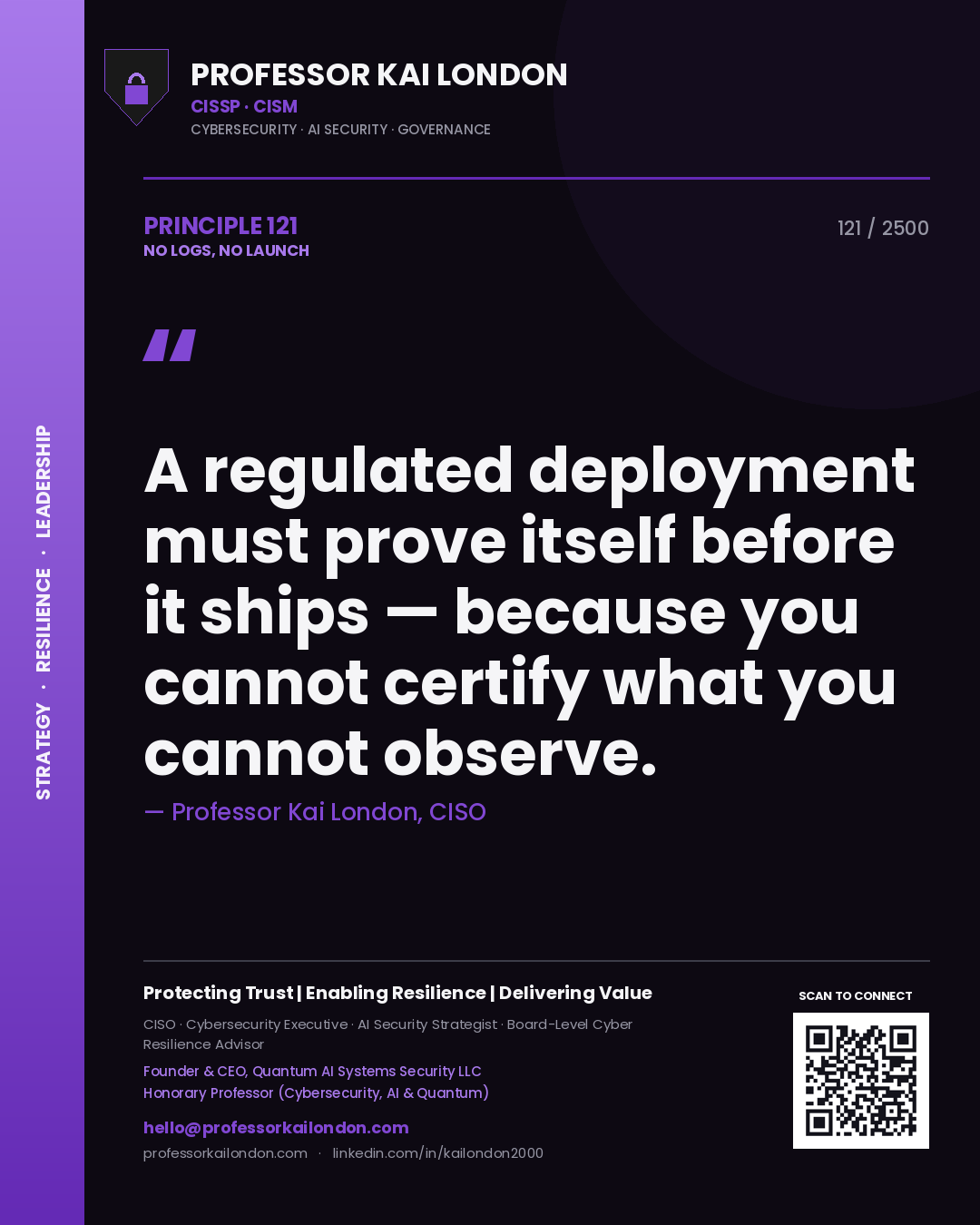Professor Kai London principle 121: A regulated deployment must prove itself before it ships — because you cannot certify what you cannot observe.