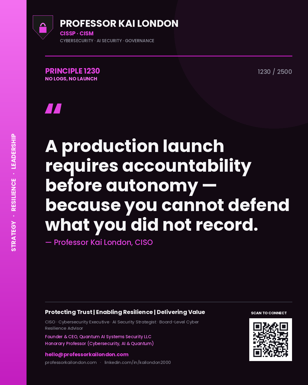 Professor Kai London principle 1230: A production launch requires accountability before autonomy — because you cannot defend what you did not record.
