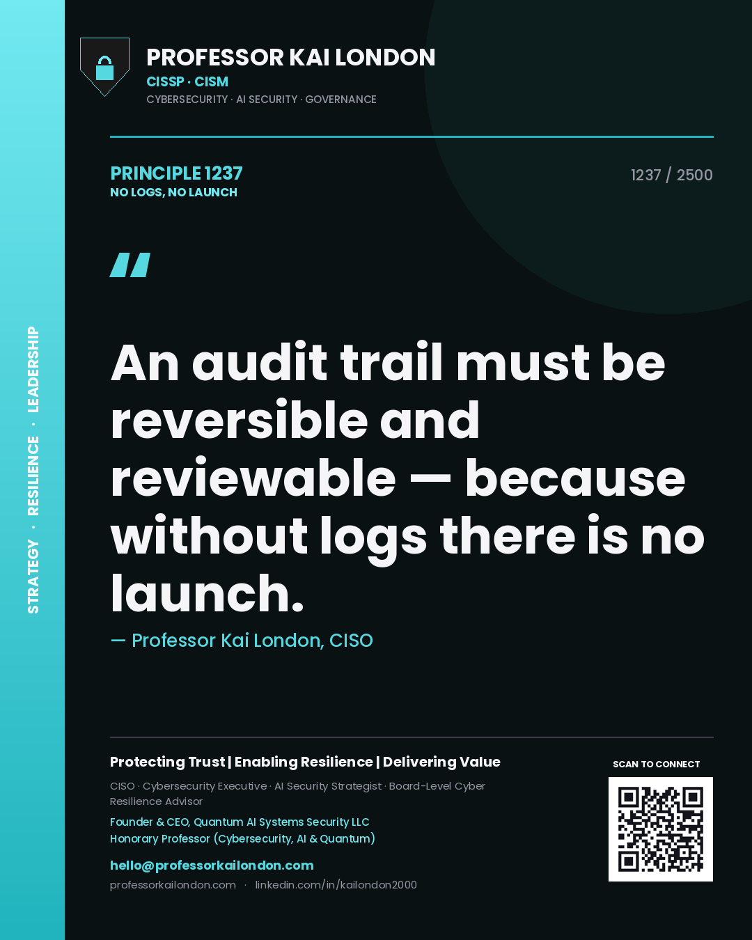 Quote card by Professor Kai London reading 'An audit trail must be reversible and reviewable — because without logs there is no launch.'. From the book No Logs, No Launch.