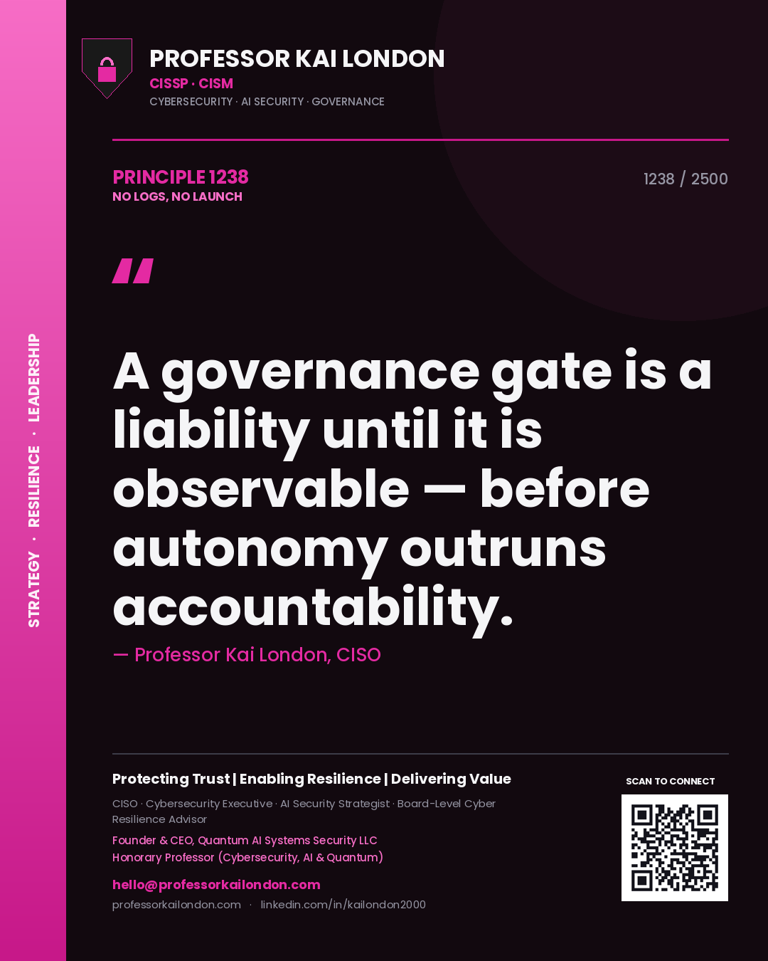 Quote card by Professor Kai London reading 'A governance gate is a liability until it is observable — before autonomy outruns accountability.'. From the book No Logs, No Launch.