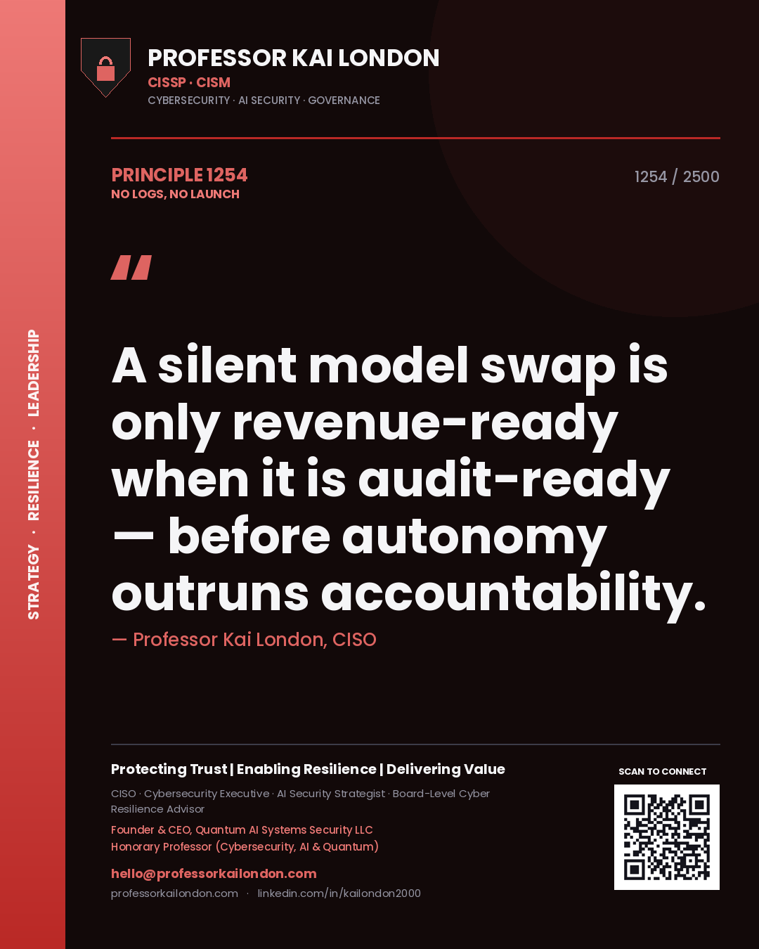 Quote card by Professor Kai London reading 'A silent model swap is only revenue-ready when it is audit-ready — before autonomy outruns accountability.'. From the book No Logs, No Launch.