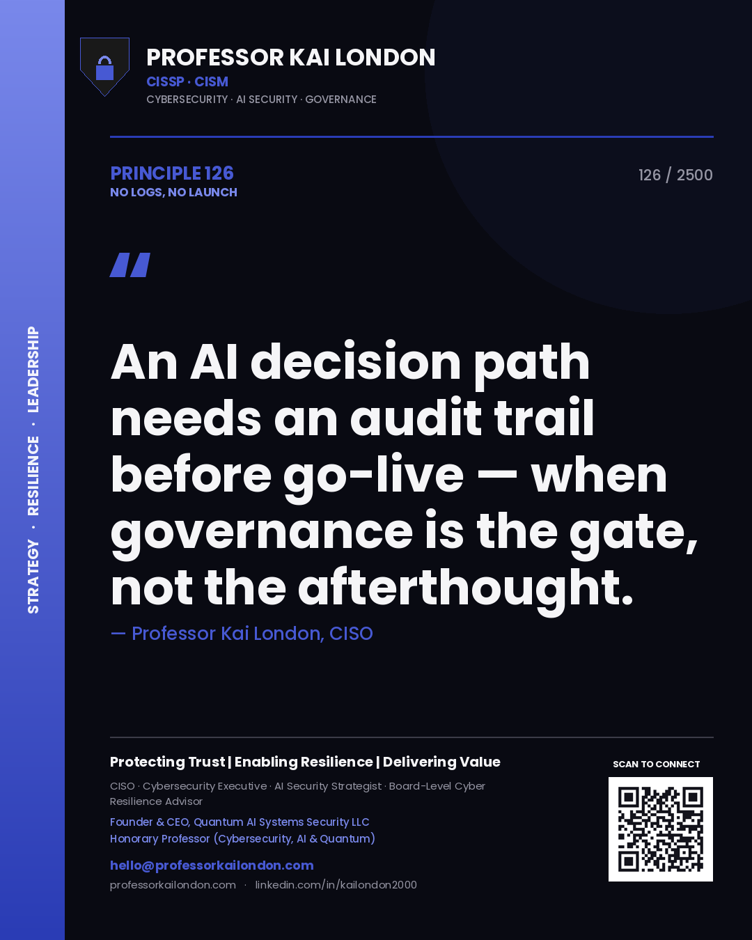 Professor Kai London principle 126: An AI decision path needs an audit trail before go-live — when governance is the gate, not the afterthought.