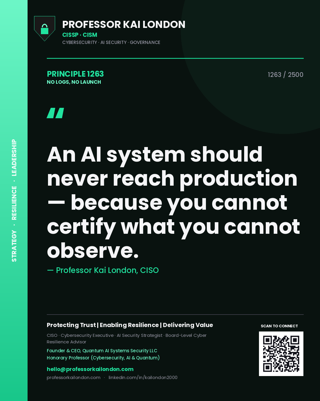 Quote card by Professor Kai London reading 'An AI system should never reach production — because you cannot certify what you cannot observe.'. From the book No Logs, No Launch.