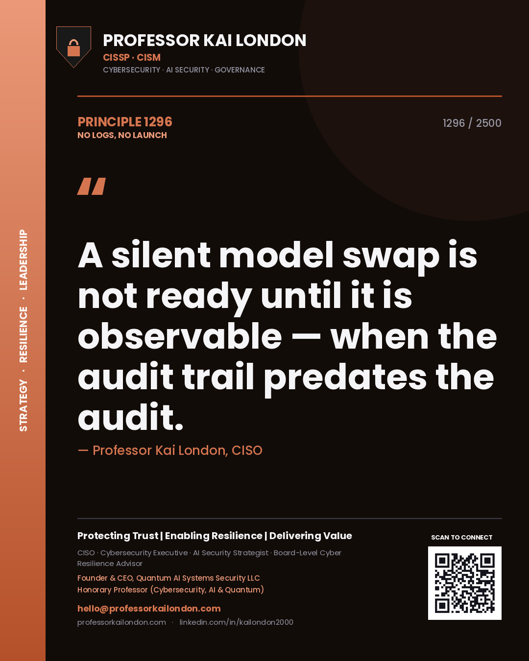 Quote card by Professor Kai London reading 'A silent model swap is not ready until it is observable — when the audit trail predates the audit.'. From the book No Logs, No Launch.