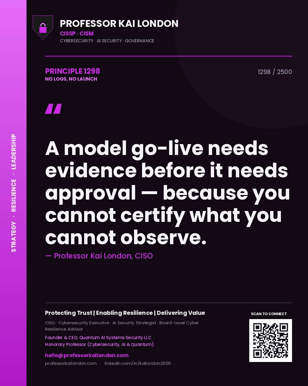 Professor Kai London principle 1298: A model go-live needs evidence before it needs approval — because you cannot certify what you cannot observe.