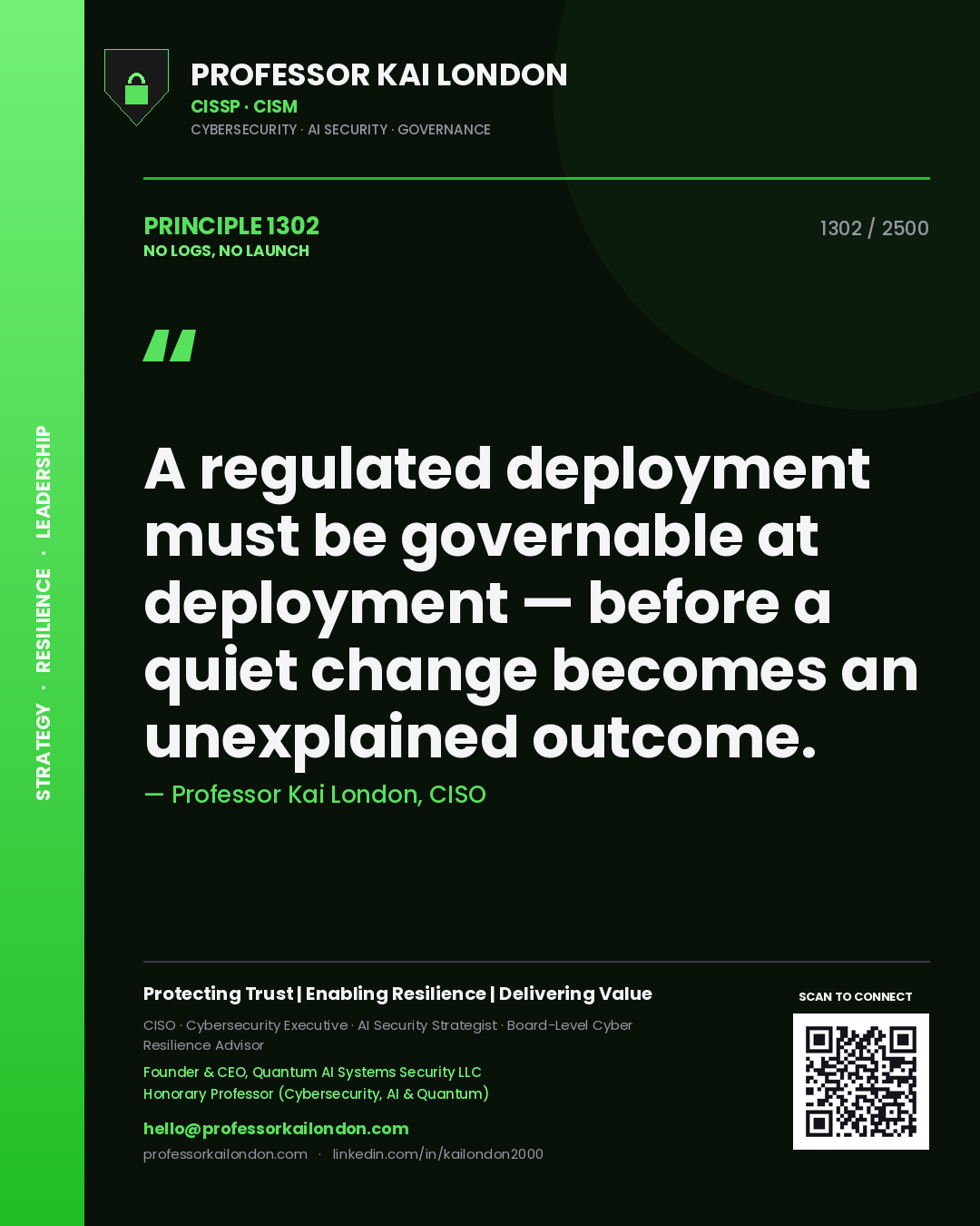 Quote card by Professor Kai London reading 'A regulated deployment must be governable at deployment — before a quiet change becomes an unexplained outcome.'. From the book No Logs, No Launch.