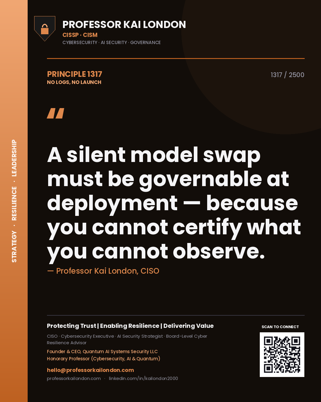 Quote card by Professor Kai London reading 'A silent model swap must be governable at deployment — because you cannot certify what you cannot observe.'. From the book No Logs, No Launch.