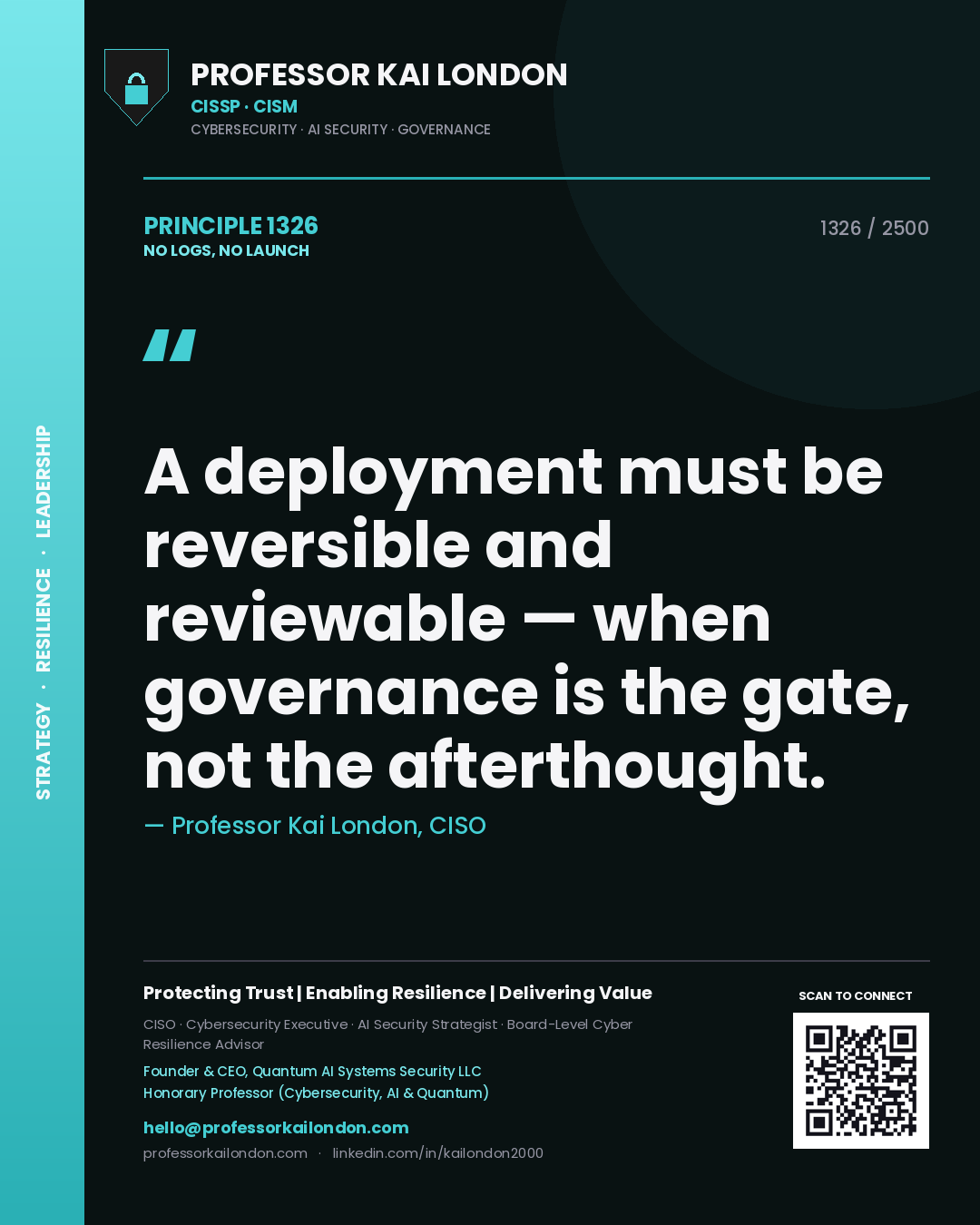 Quote card by Professor Kai London reading 'A deployment must be reversible and reviewable — when governance is the gate, not the afterthought.'. From the book No Logs, No Launch.
