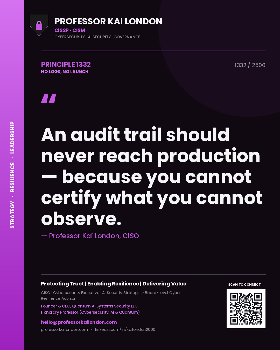 Professor Kai London principle 1332: An audit trail should never reach production — because you cannot certify what you cannot observe.