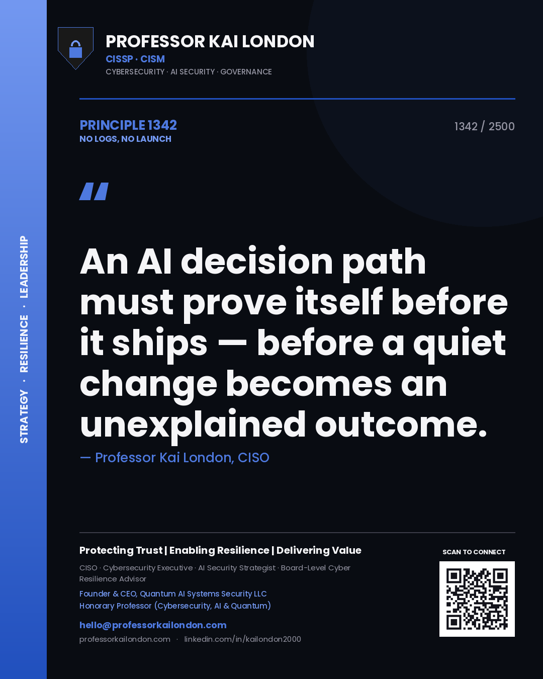 Quote card by Professor Kai London reading 'An AI decision path must prove itself before it ships — before a quiet change becomes an unexplained outcome.'. From the book No Logs, No Launch.