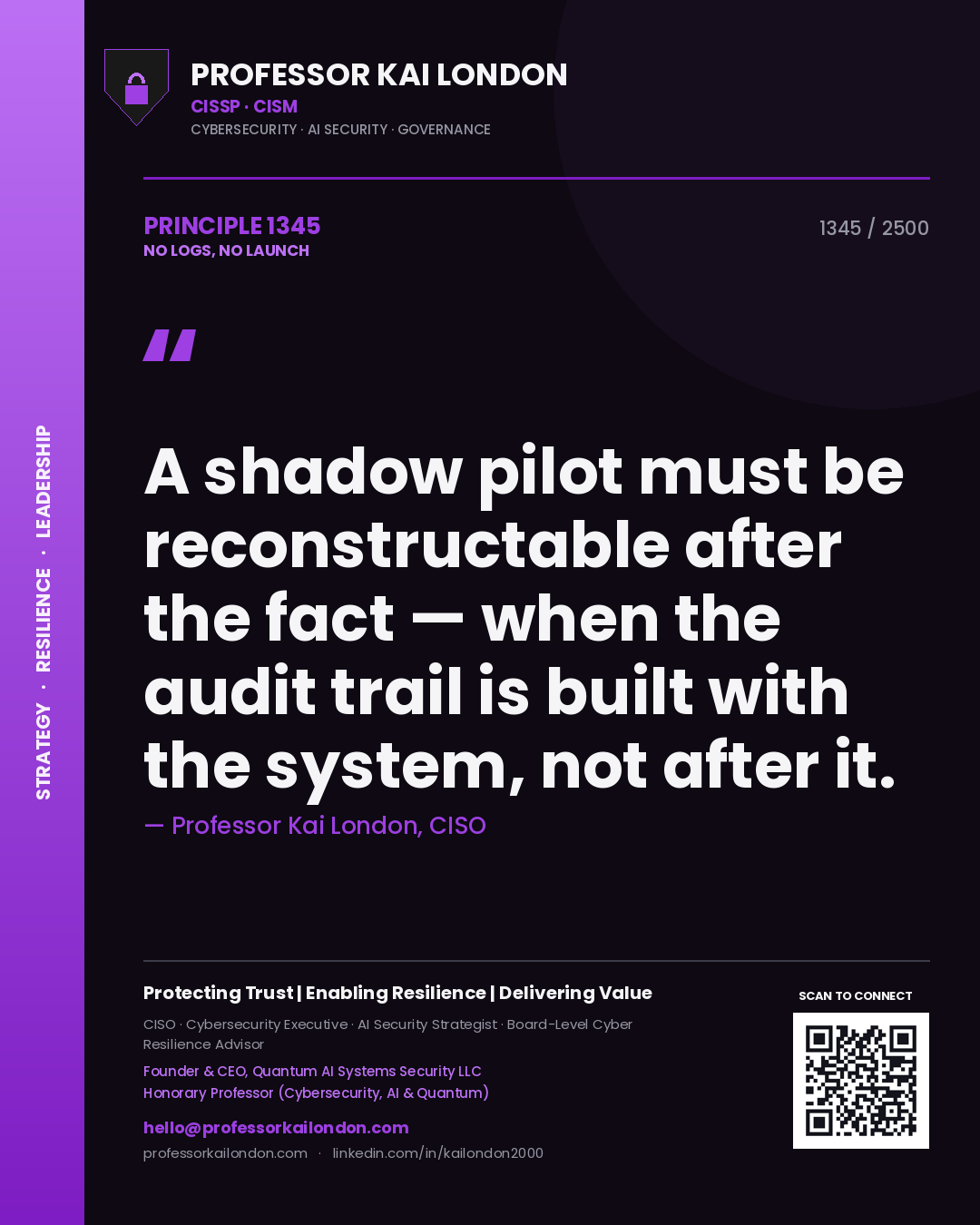 Quote card by Professor Kai London reading 'A shadow pilot must be reconstructable after the fact — when the audit trail is built with the system, not after it.'. From the book No Logs, No Launch.