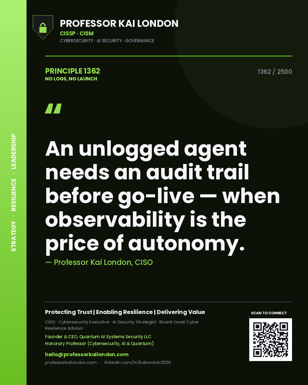 Professor Kai London principle 1362: An unlogged agent needs an audit trail before go-live — when observability is the price of autonomy.