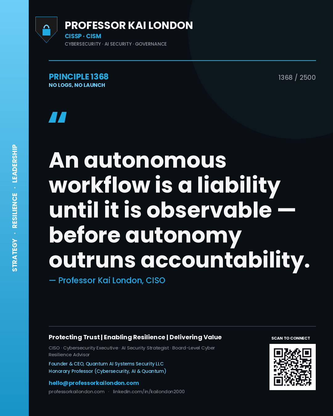 Quote card by Professor Kai London reading 'An autonomous workflow is a liability until it is observable — before autonomy outruns accountability.'. From the book No Logs, No Launch.
