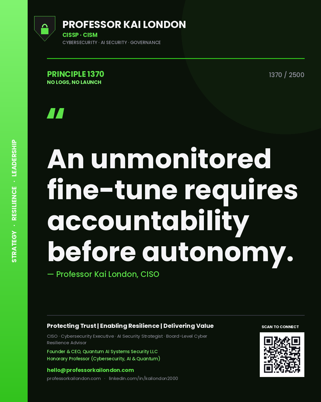 Quote card by Professor Kai London reading 'An unmonitored fine-tune requires accountability before autonomy.'. From the book No Logs, No Launch.