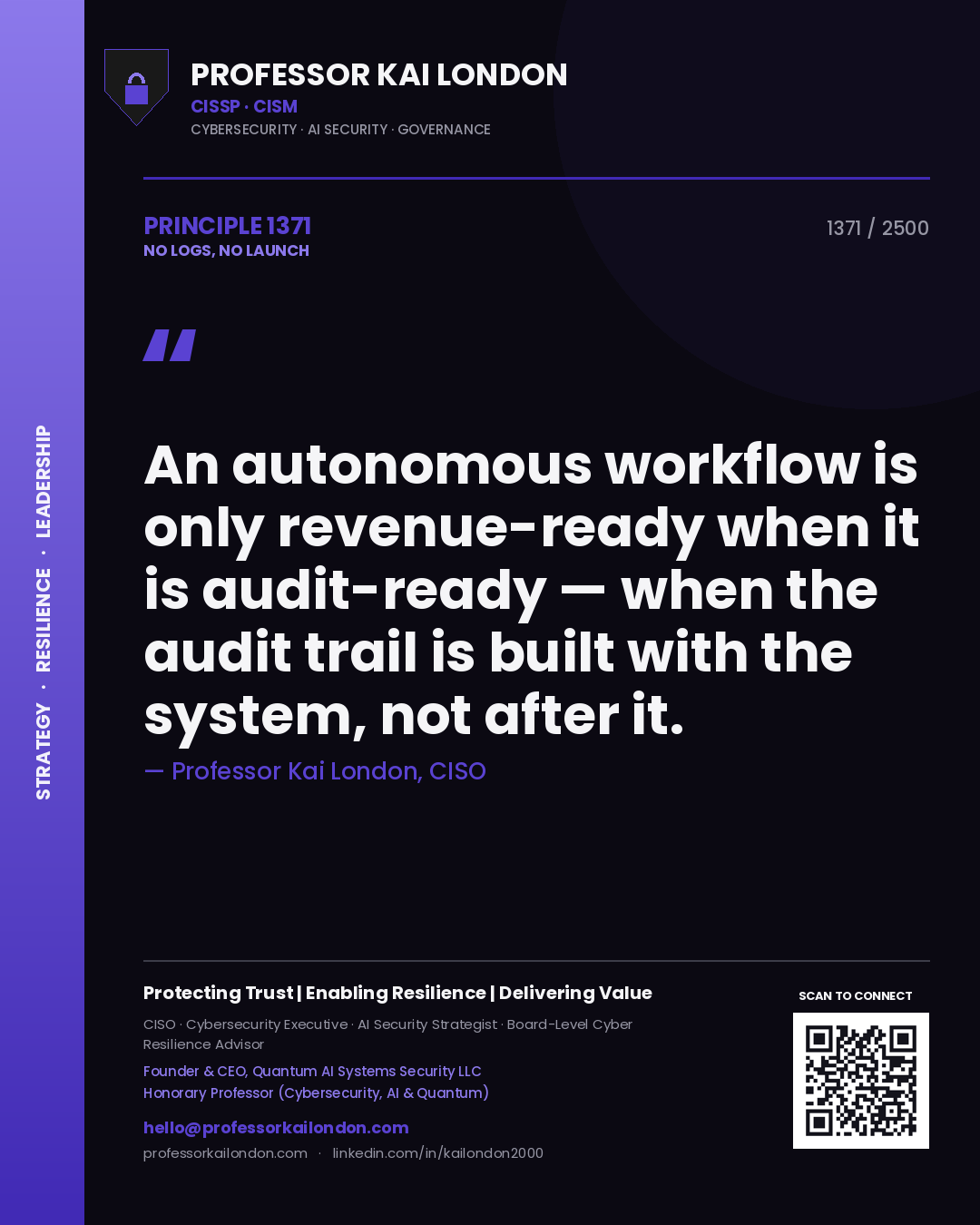 Professor Kai London principle 1371: An autonomous workflow is only revenue-ready when it is audit-ready — when the audit trail is built with the system, not after it.