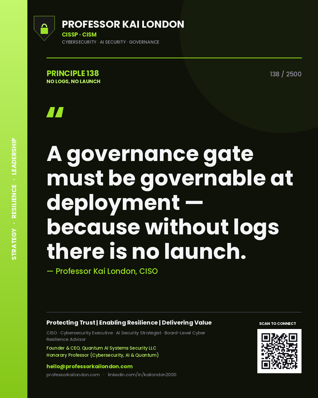 Quote card by Professor Kai London reading 'A governance gate must be governable at deployment — because without logs there is no launch.'. From the book No Logs, No Launch.