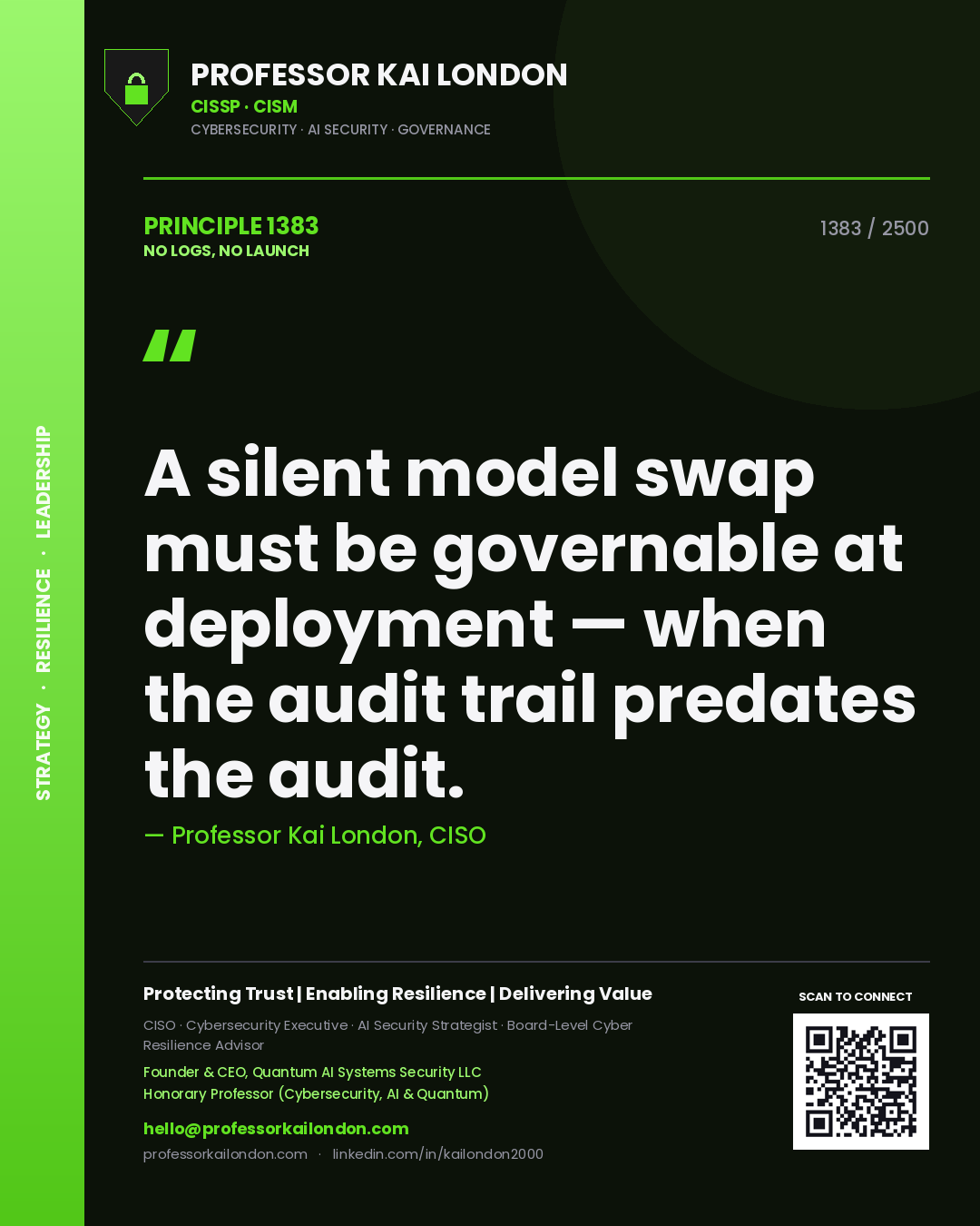 Quote card by Professor Kai London reading 'A silent model swap must be governable at deployment — when the audit trail predates the audit.'. From the book No Logs, No Launch.