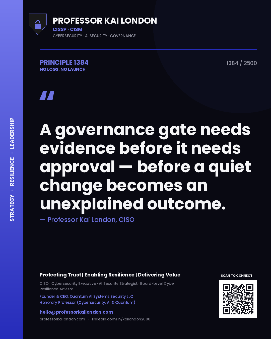 Professor Kai London principle 1384: A governance gate needs evidence before it needs approval — before a quiet change becomes an unexplained outcome.