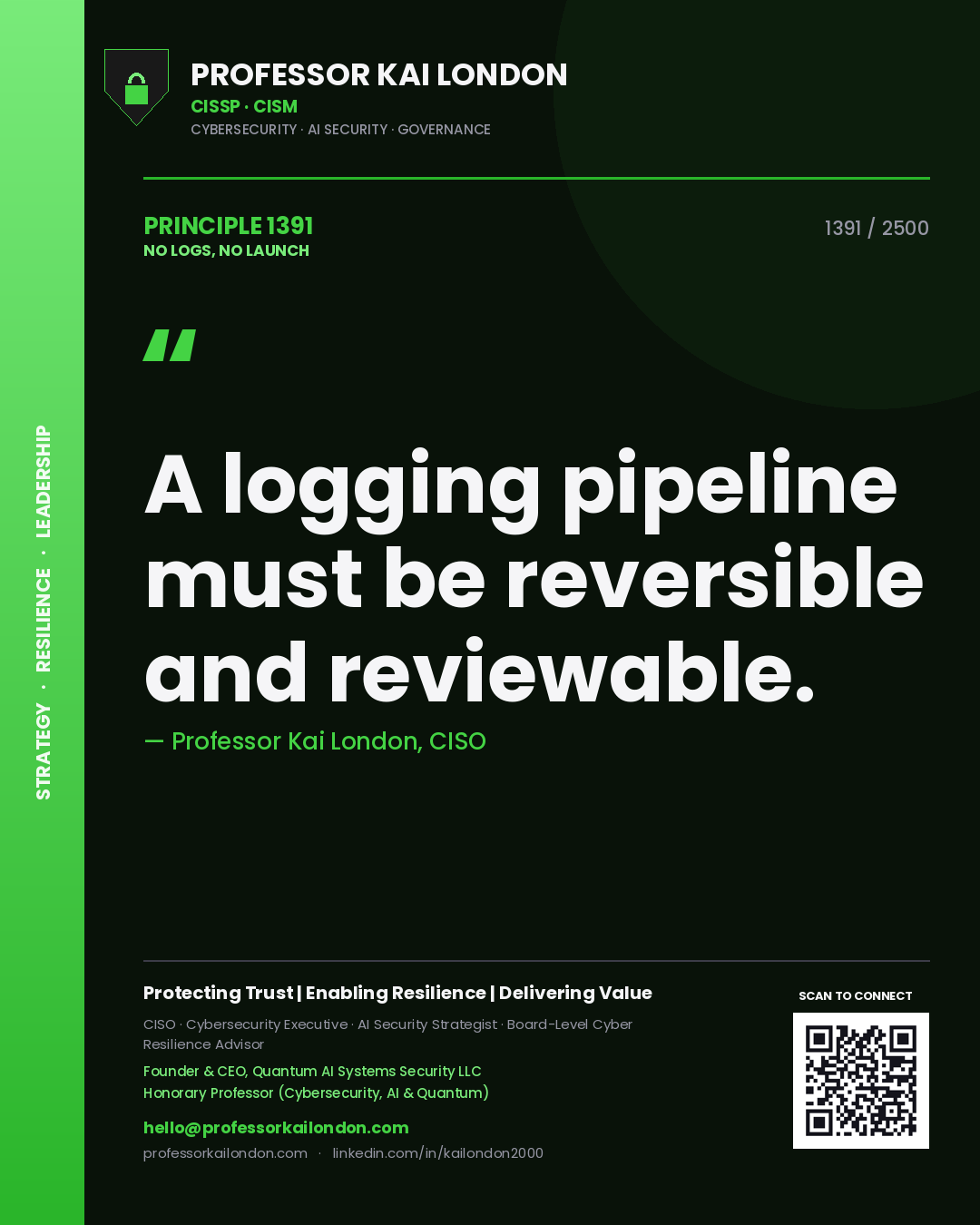 Quote card by Professor Kai London reading 'A logging pipeline must be reversible and reviewable.'. From the book No Logs, No Launch.
