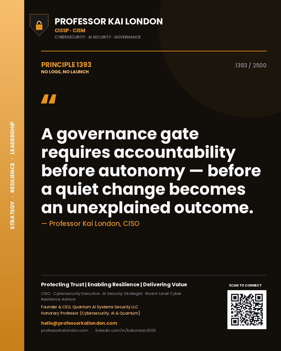 Professor Kai London principle 1393: A governance gate requires accountability before autonomy — before a quiet change becomes an unexplained outcome.