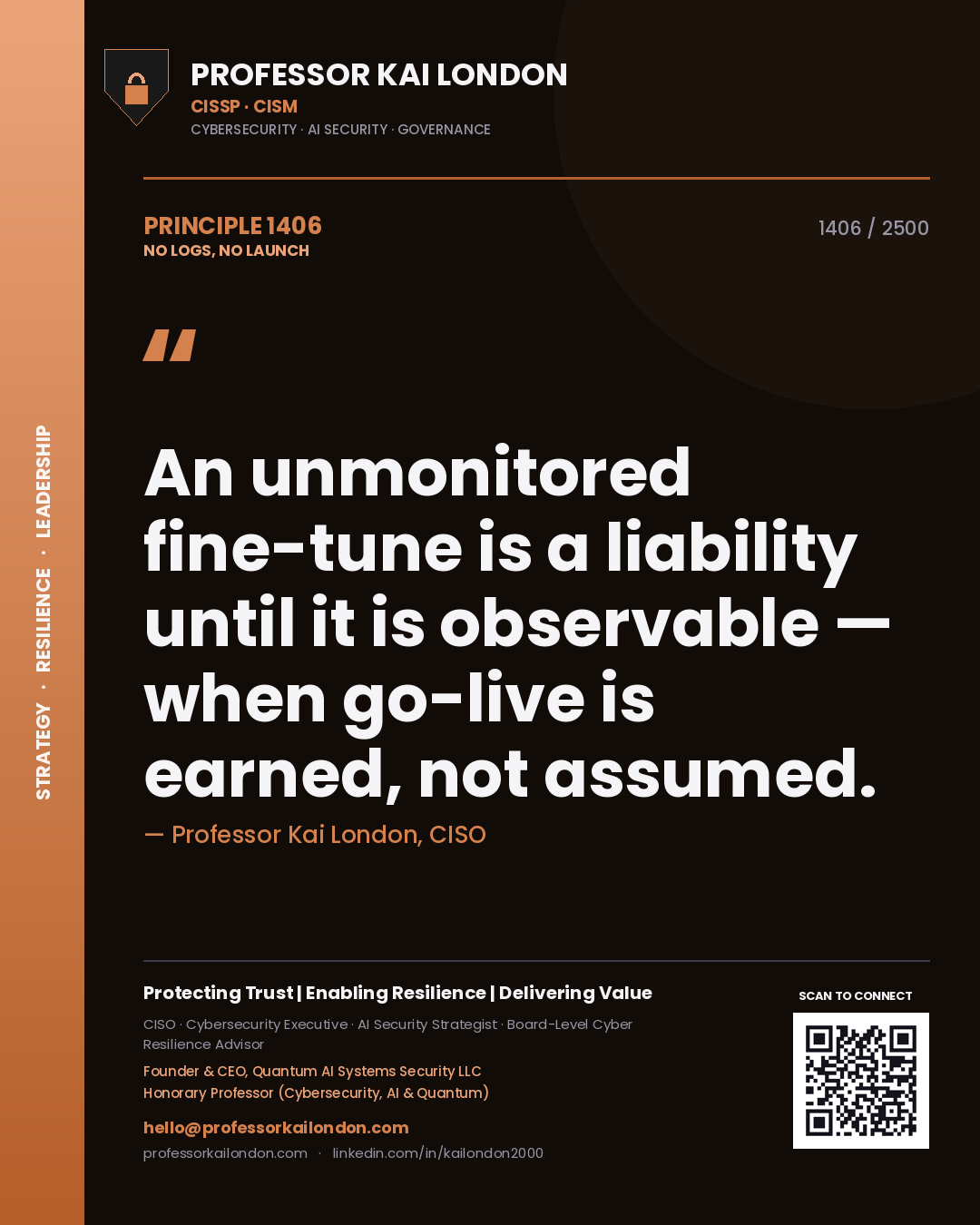 Quote card by Professor Kai London reading 'An unmonitored fine-tune is a liability until it is observable — when go-live is earned, not assumed.'. From the book No Logs, No Launch.