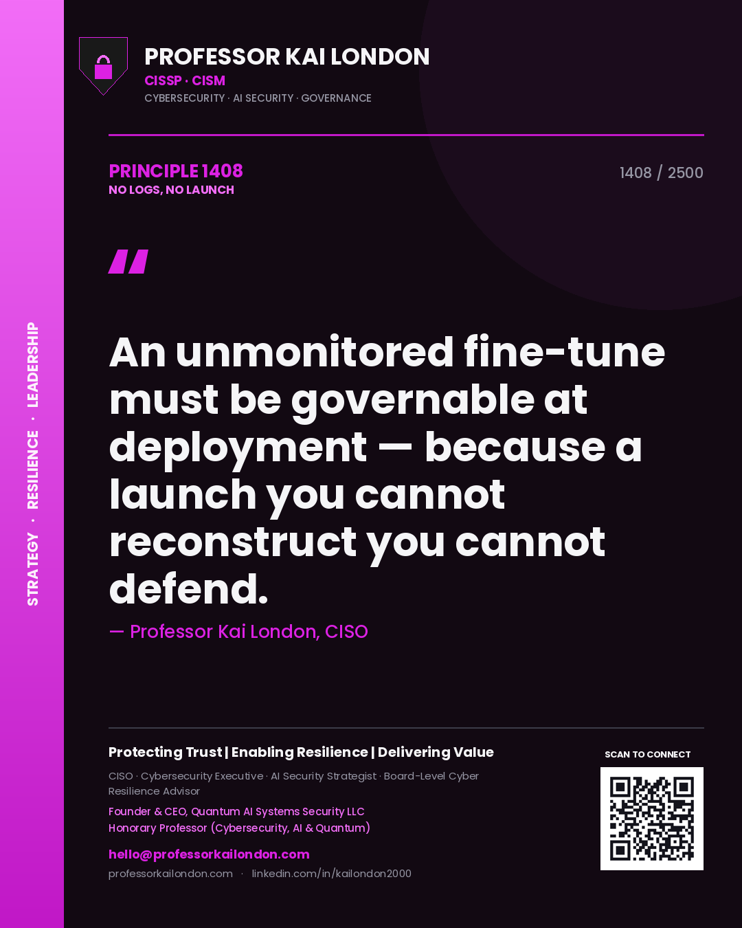 Professor Kai London principle 1408: An unmonitored fine-tune must be governable at deployment — because a launch you cannot reconstruct you cannot defend.