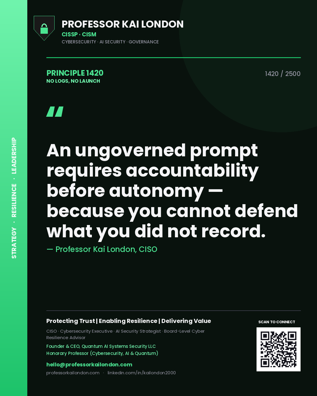 Professor Kai London principle 1420: An ungoverned prompt requires accountability before autonomy — because you cannot defend what you did not record.