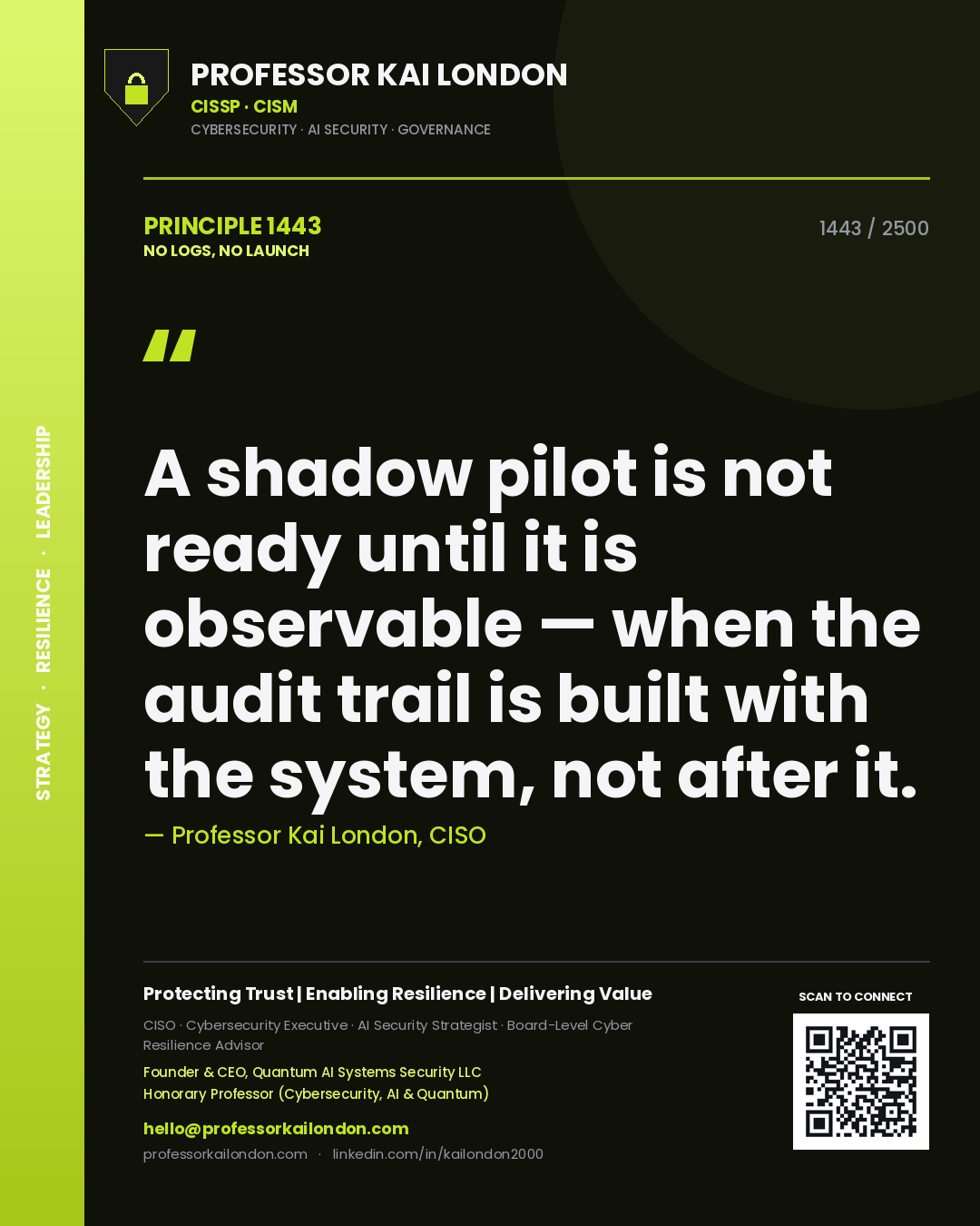 Professor Kai London principle 1443: A shadow pilot is not ready until it is observable — when the audit trail is built with the system, not after it.