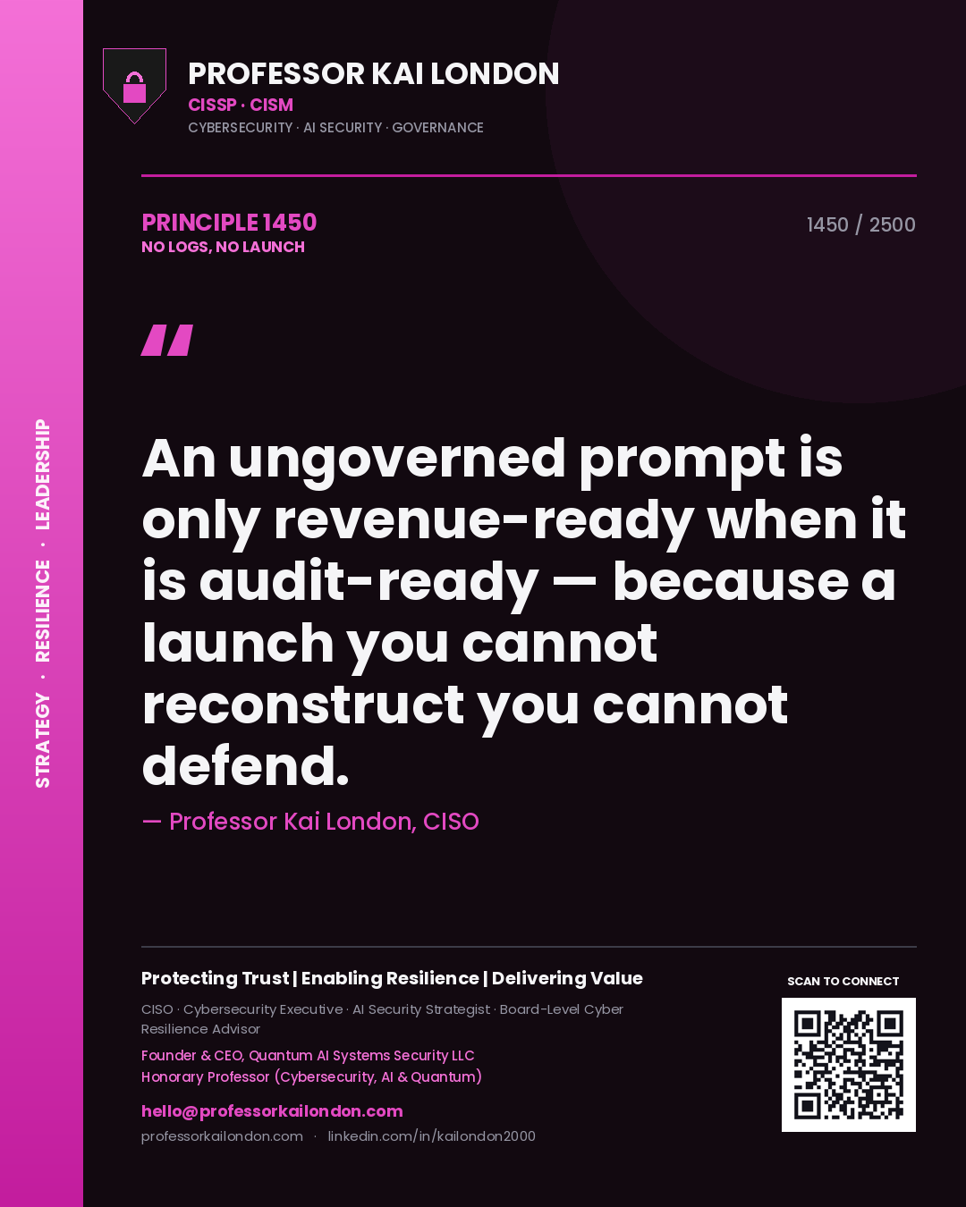 Professor Kai London principle 1450: An ungoverned prompt is only revenue-ready when it is audit-ready — because a launch you cannot reconstruct you cannot defend.