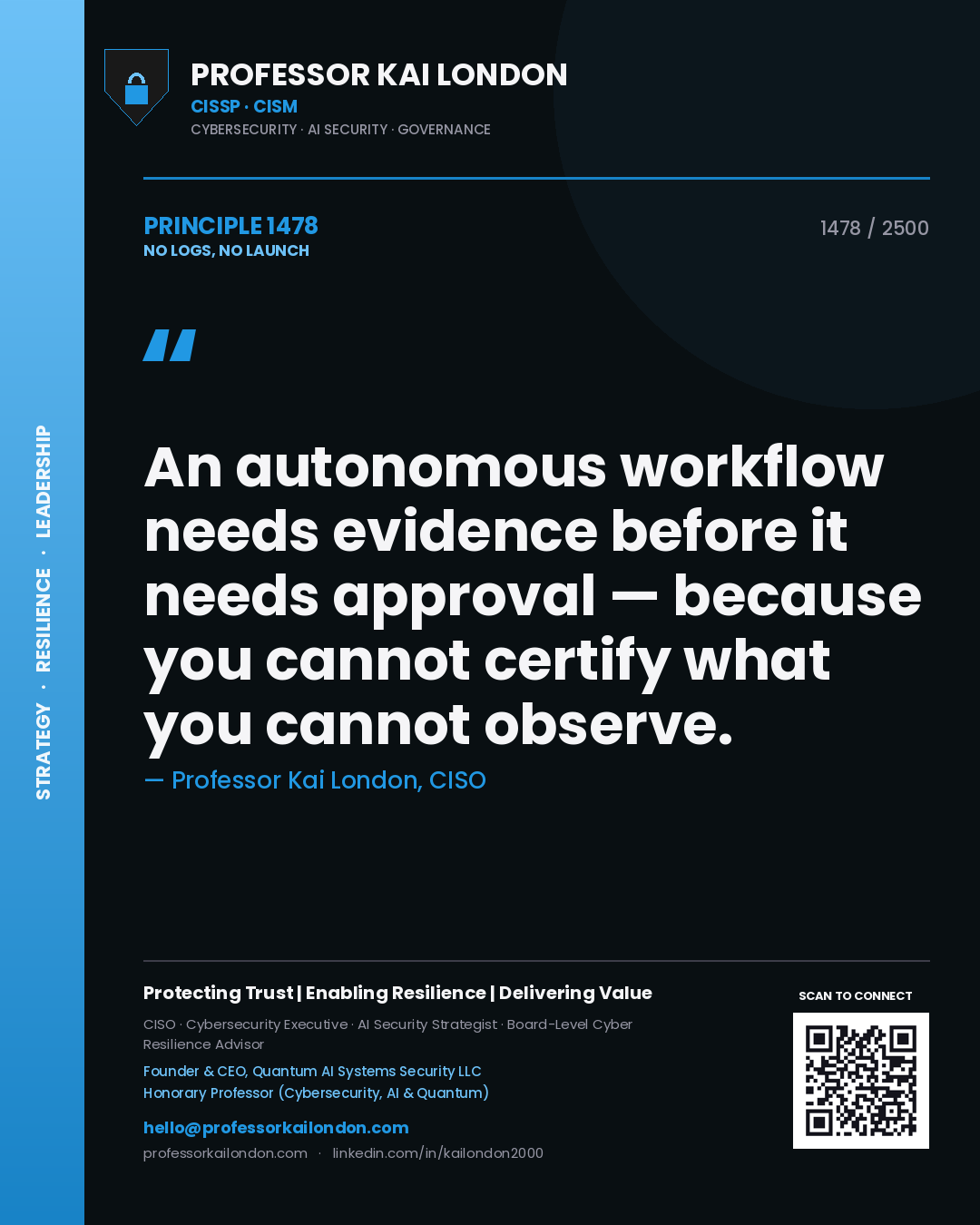 Professor Kai London principle 1478: An autonomous workflow needs evidence before it needs approval — because you cannot certify what you cannot observe.