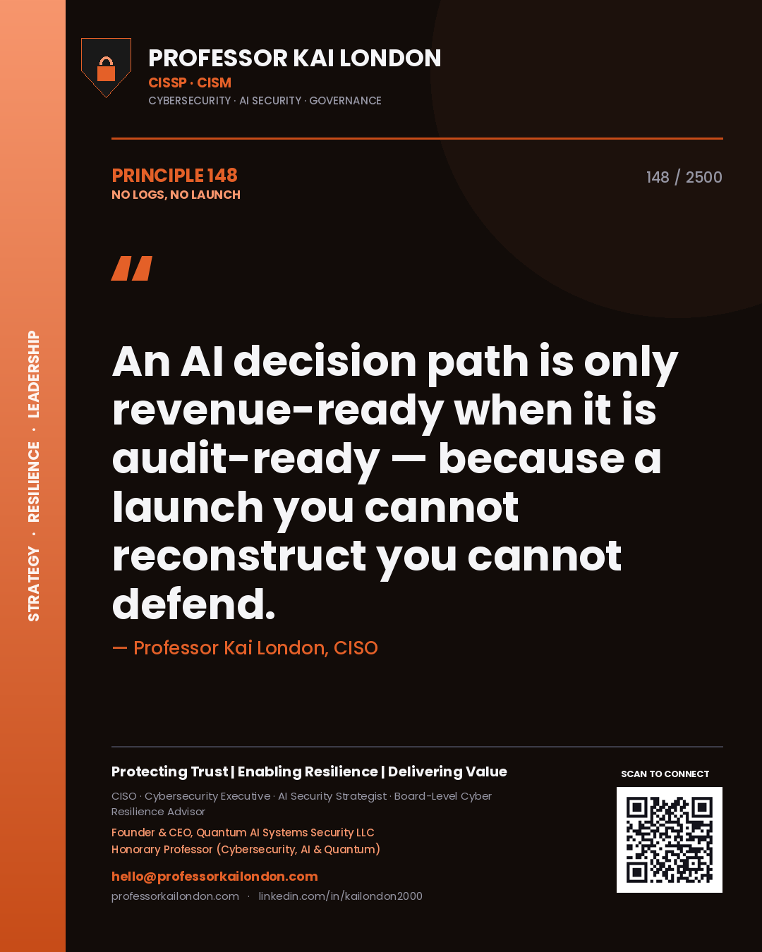 Professor Kai London principle 148: An AI decision path is only revenue-ready when it is audit-ready — because a launch you cannot reconstruct you cannot defend.