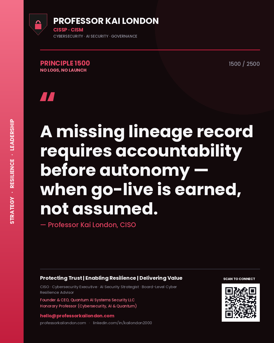 Professor Kai London principle 1500: A missing lineage record requires accountability before autonomy — when go-live is earned, not assumed.