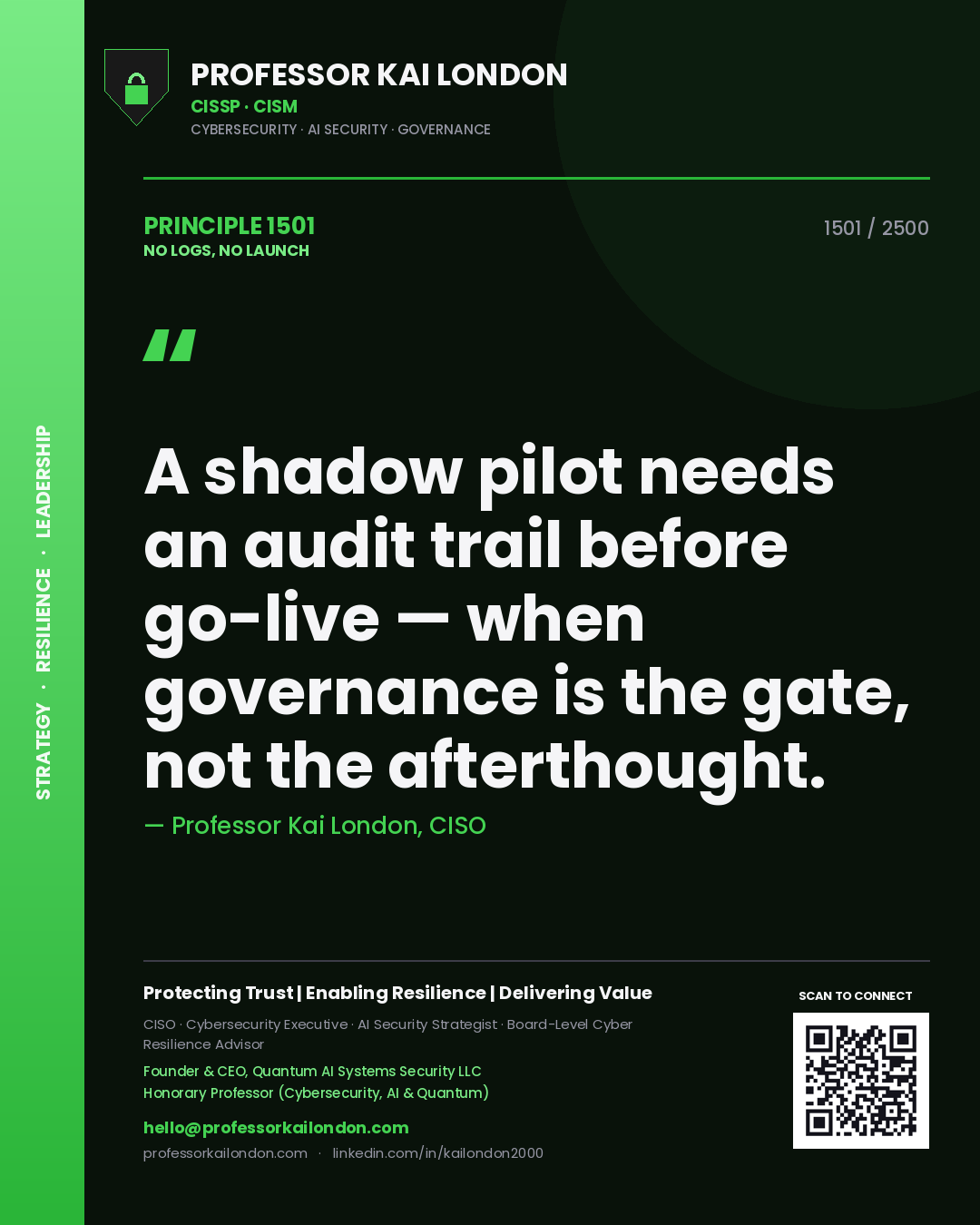 Quote card by Professor Kai London reading 'A shadow pilot needs an audit trail before go-live — when governance is the gate, not the afterthought.'. From the book No Logs, No Launch.