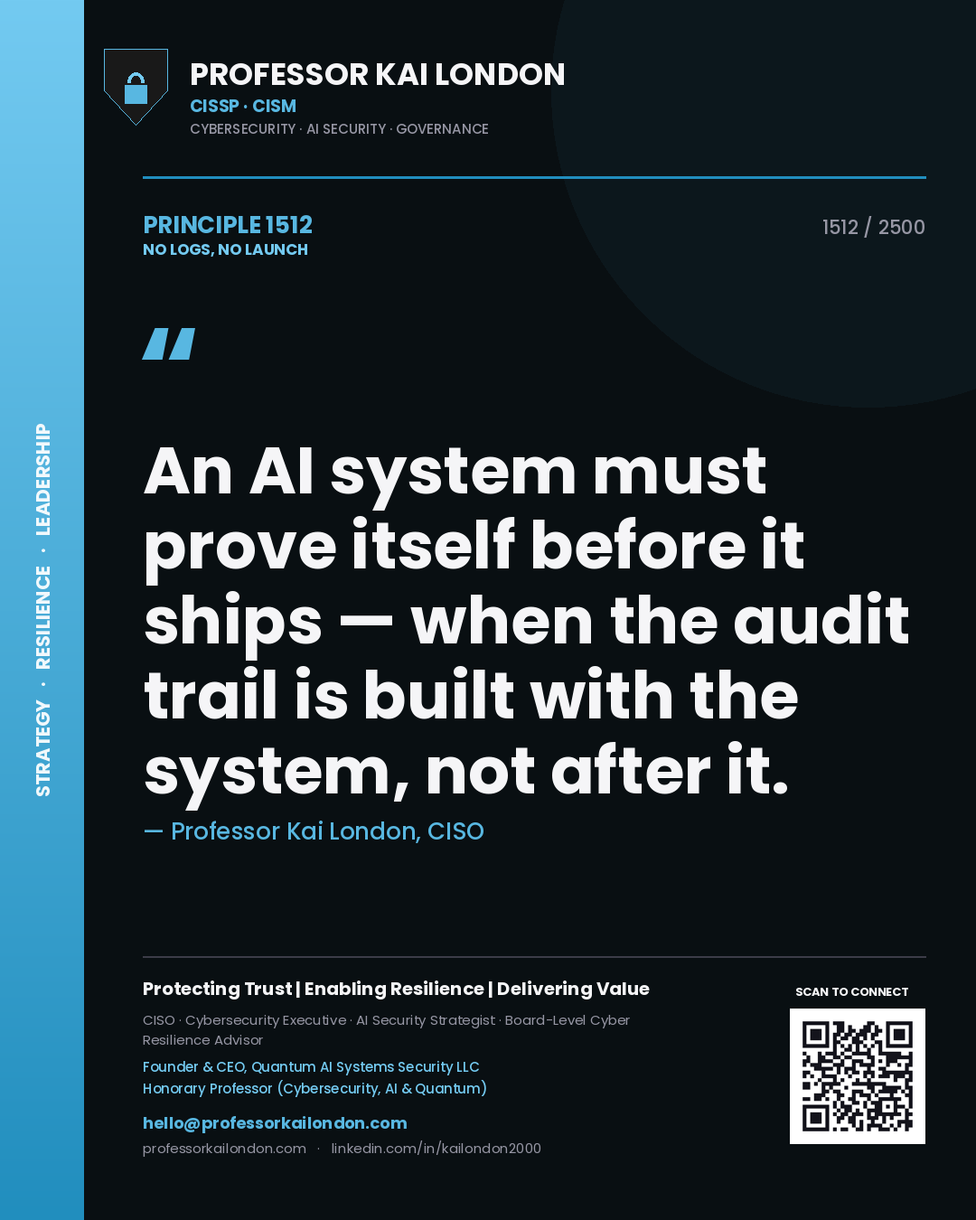 Professor Kai London principle 1512: An AI system must prove itself before it ships — when the audit trail is built with the system, not after it.