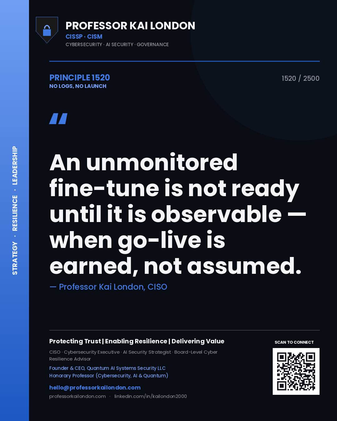 Professor Kai London principle 1520: An unmonitored fine-tune is not ready until it is observable — when go-live is earned, not assumed.