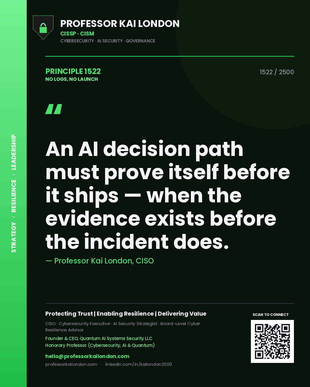 Professor Kai London principle 1522: An AI decision path must prove itself before it ships — when the evidence exists before the incident does.