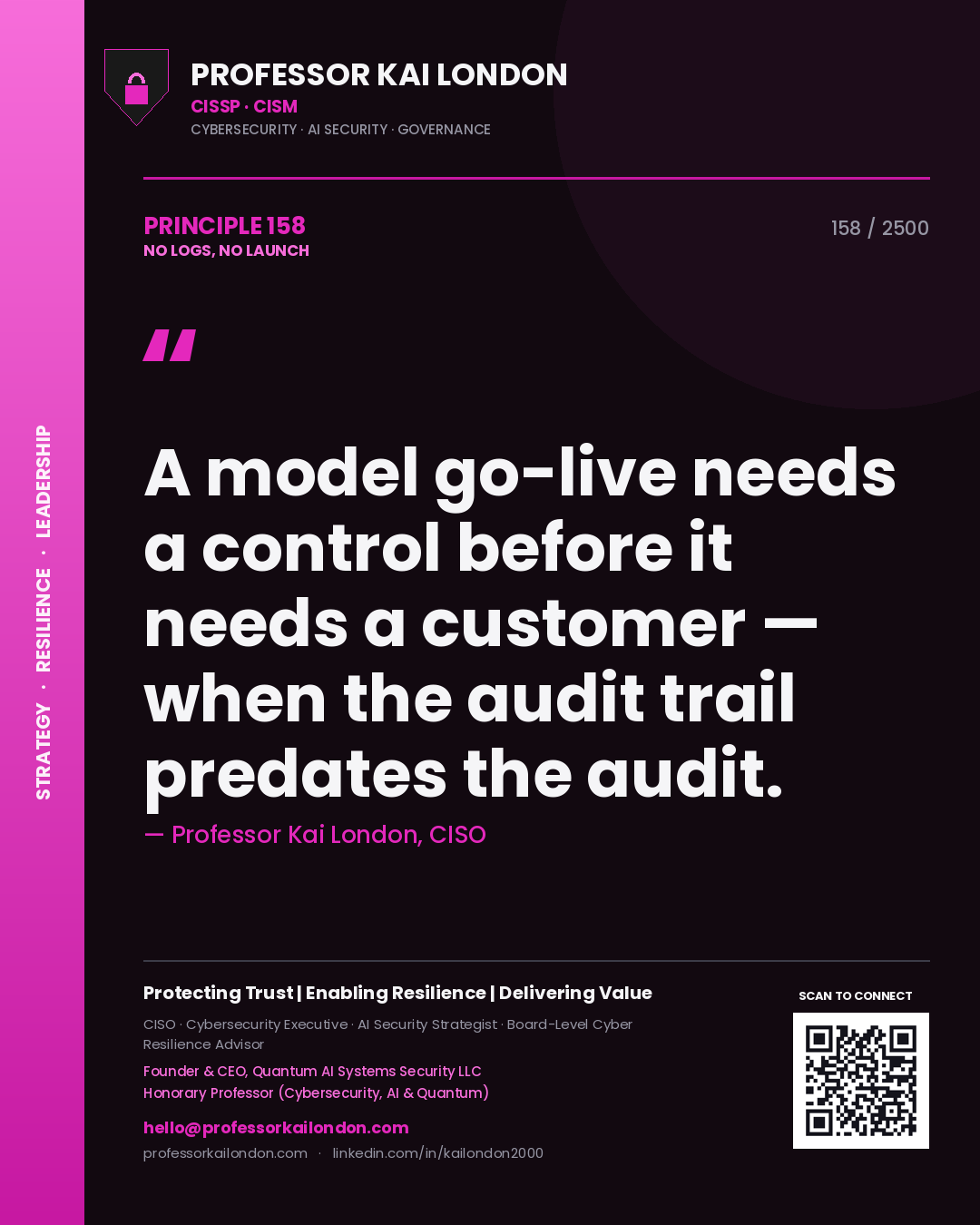 Quote card by Professor Kai London reading 'A model go-live needs a control before it needs a customer — when the audit trail predates the audit.'. From the book No Logs, No Launch.
