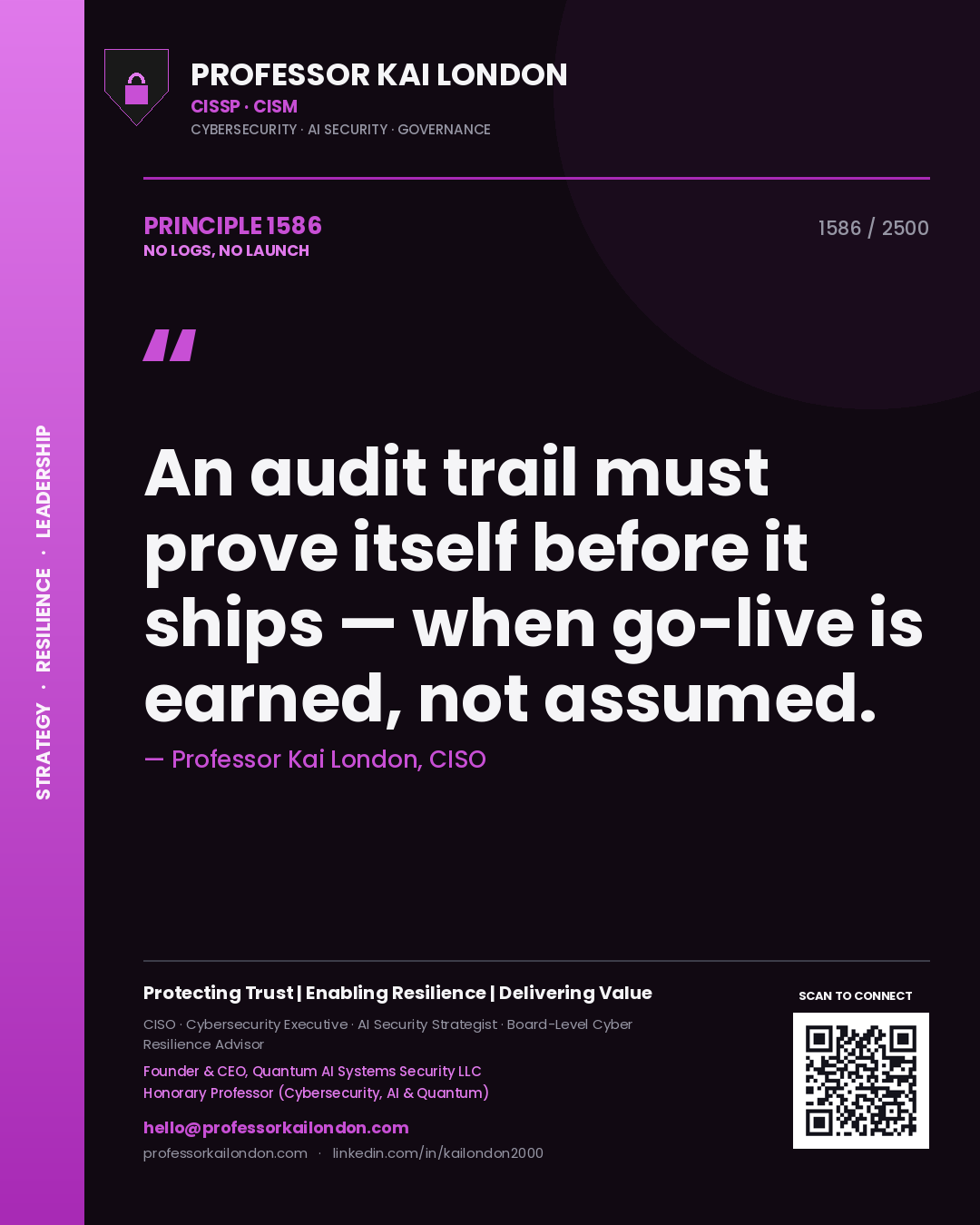 Professor Kai London principle 1586: An audit trail must prove itself before it ships — when go-live is earned, not assumed.