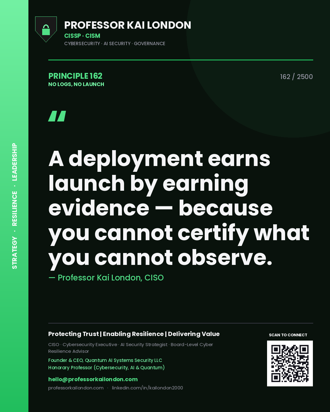 Professor Kai London principle 162: A deployment earns launch by earning evidence — because you cannot certify what you cannot observe.