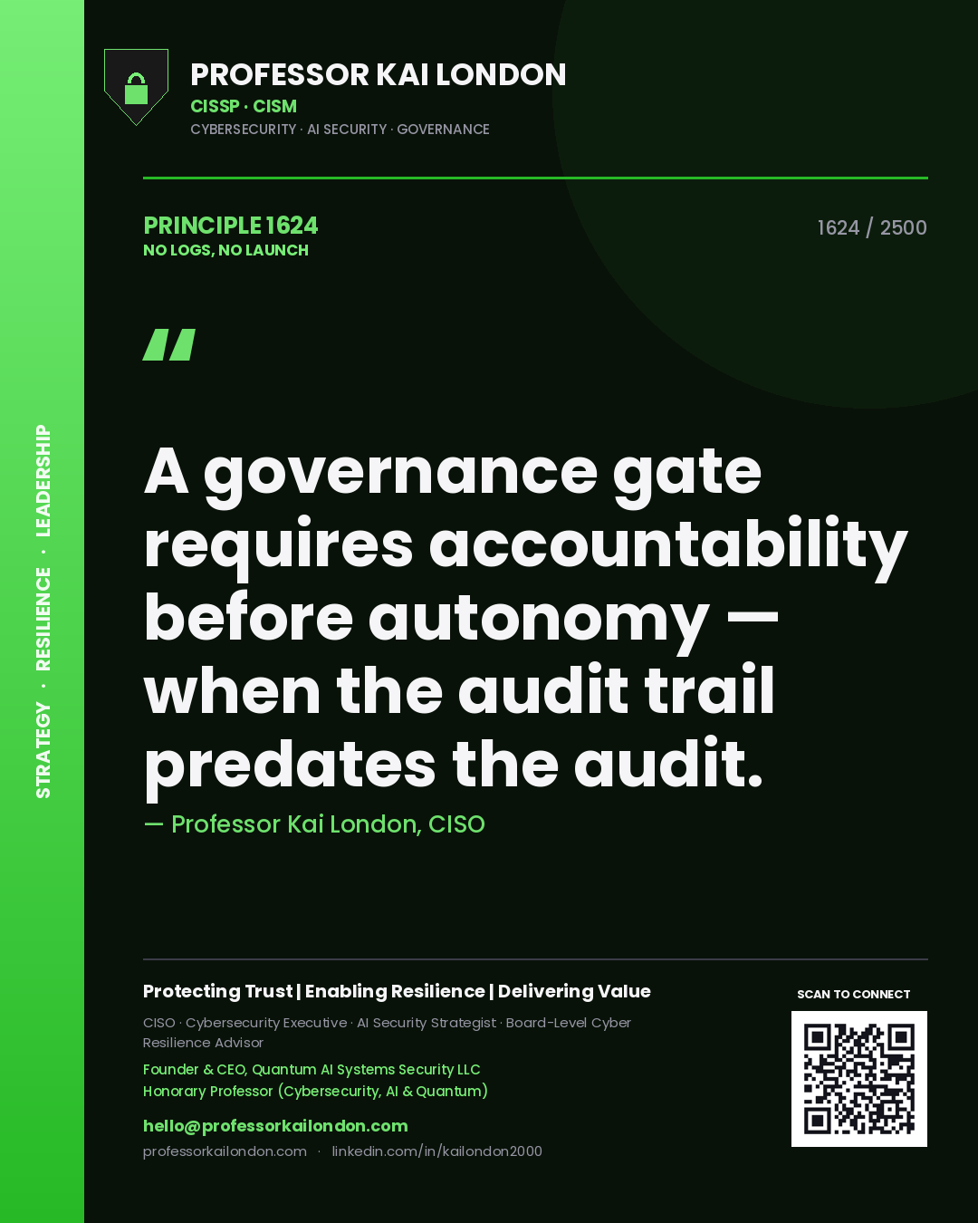 Quote card by Professor Kai London reading 'A governance gate requires accountability before autonomy — when the audit trail predates the audit.'. From the book No Logs, No Launch.