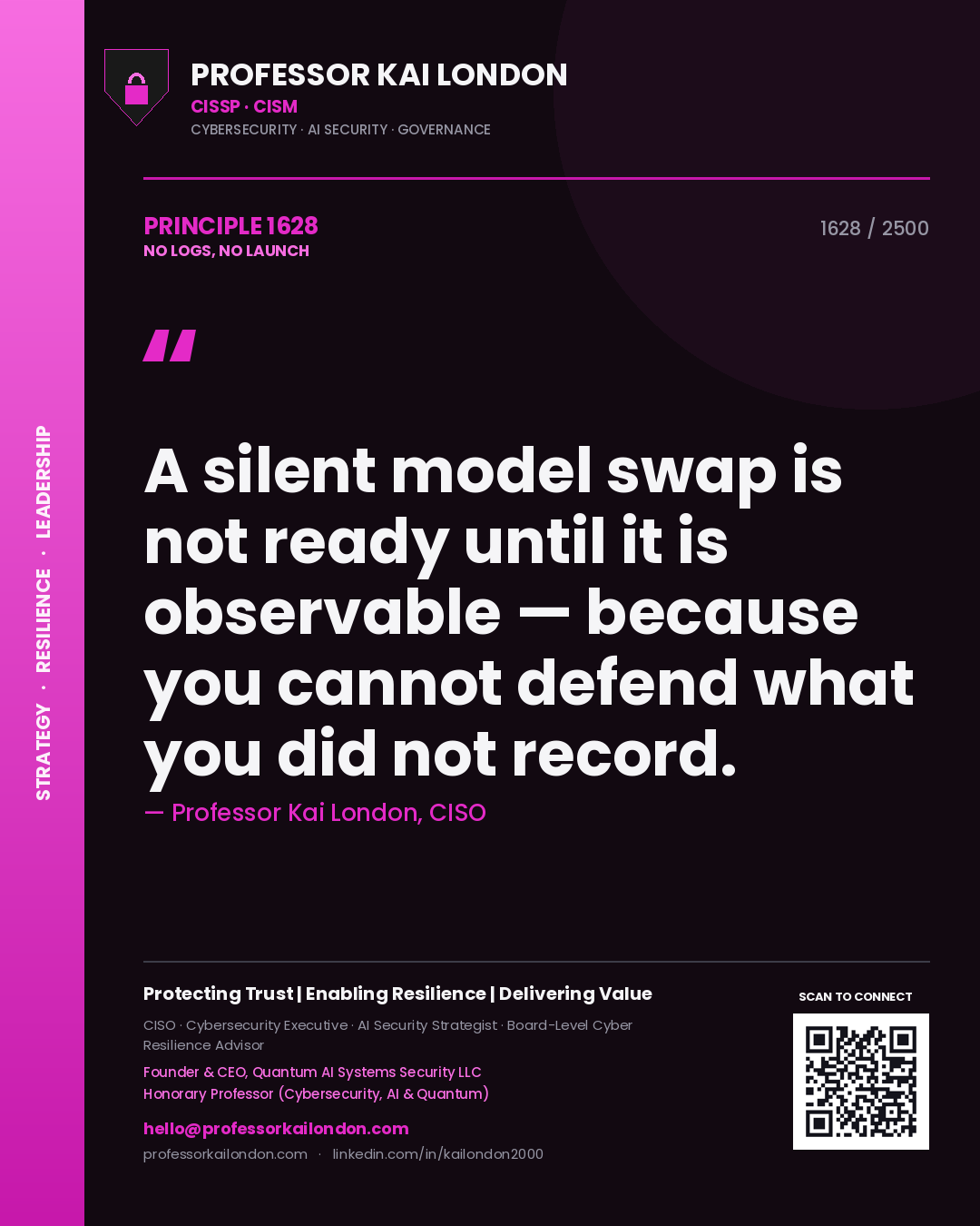 Quote card by Professor Kai London reading 'A silent model swap is not ready until it is observable — because you cannot defend what you did not record.'. From the book No Logs, No Launch.