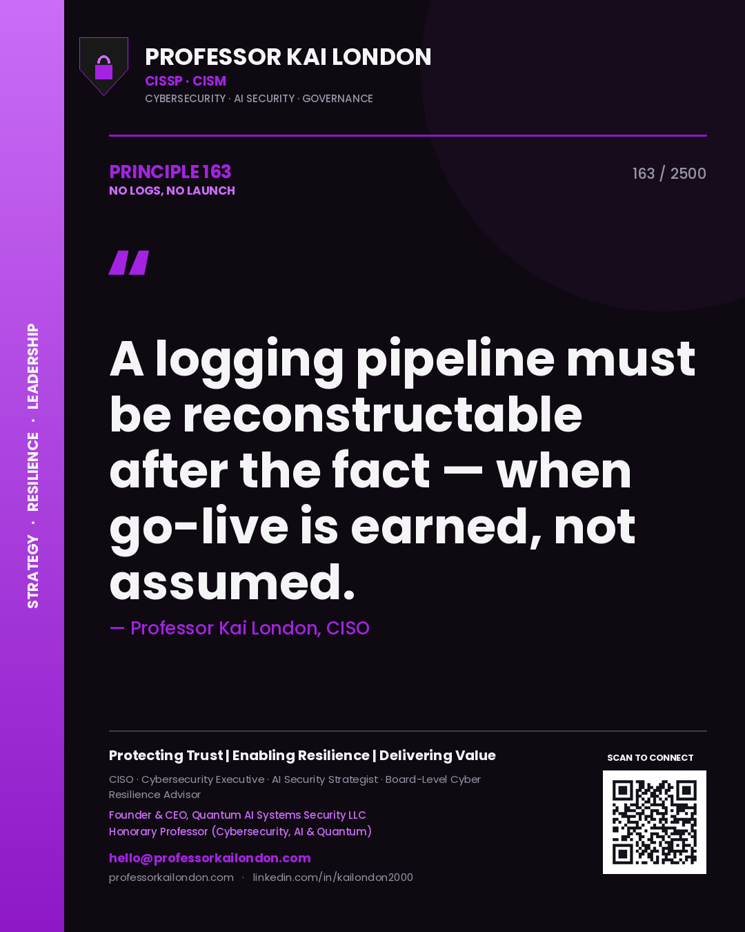 Professor Kai London principle 163: A logging pipeline must be reconstructable after the fact — when go-live is earned, not assumed.