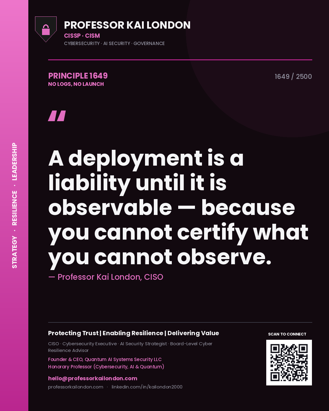 Quote card by Professor Kai London reading 'A deployment is a liability until it is observable — because you cannot certify what you cannot observe.'. From the book No Logs, No Launch.