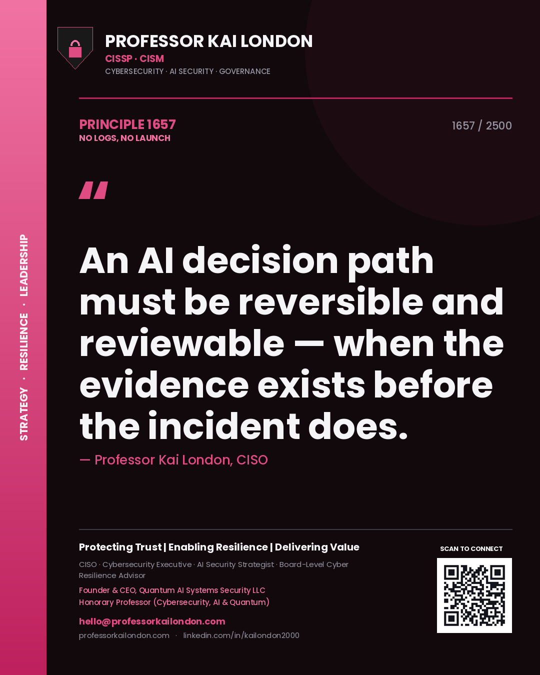 Quote card by Professor Kai London reading 'An AI decision path must be reversible and reviewable — when the evidence exists before the incident does.'. From the book No Logs, No Launch.
