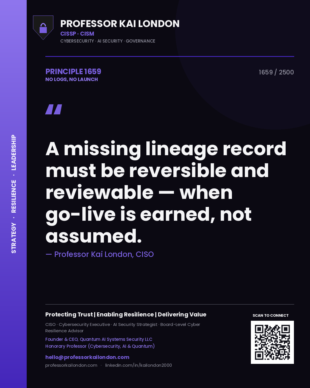 Quote card by Professor Kai London reading 'A missing lineage record must be reversible and reviewable — when go-live is earned, not assumed.'. From the book No Logs, No Launch.