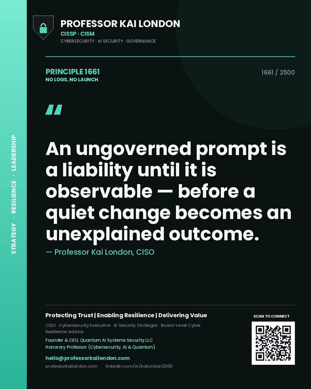 Quote card by Professor Kai London reading 'An ungoverned prompt is a liability until it is observable — before a quiet change becomes an unexplained outcome.'. From the book No Logs, No Launch.