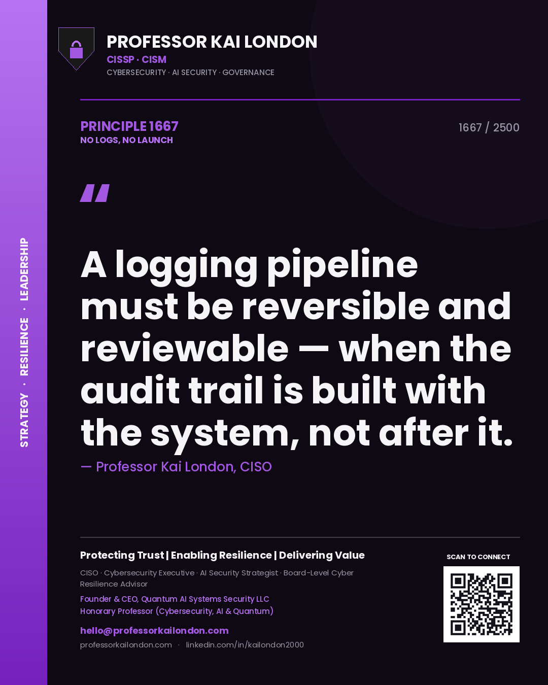 Quote card by Professor Kai London reading 'A logging pipeline must be reversible and reviewable — when the audit trail is built with the system, not after it.'. From the book No Logs, No Launch.